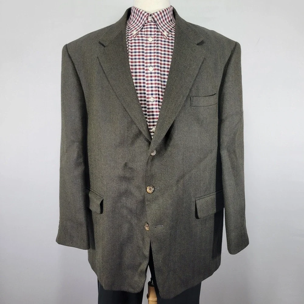 Oscar De La Renta Men's Sport Coat Three Button Green Herringbone‎ Wool 50R